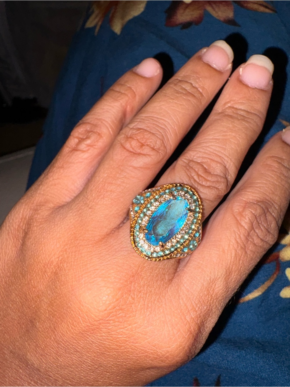 Gold-Tone Blue Opal Oval Halo Ring - Women Jewelry